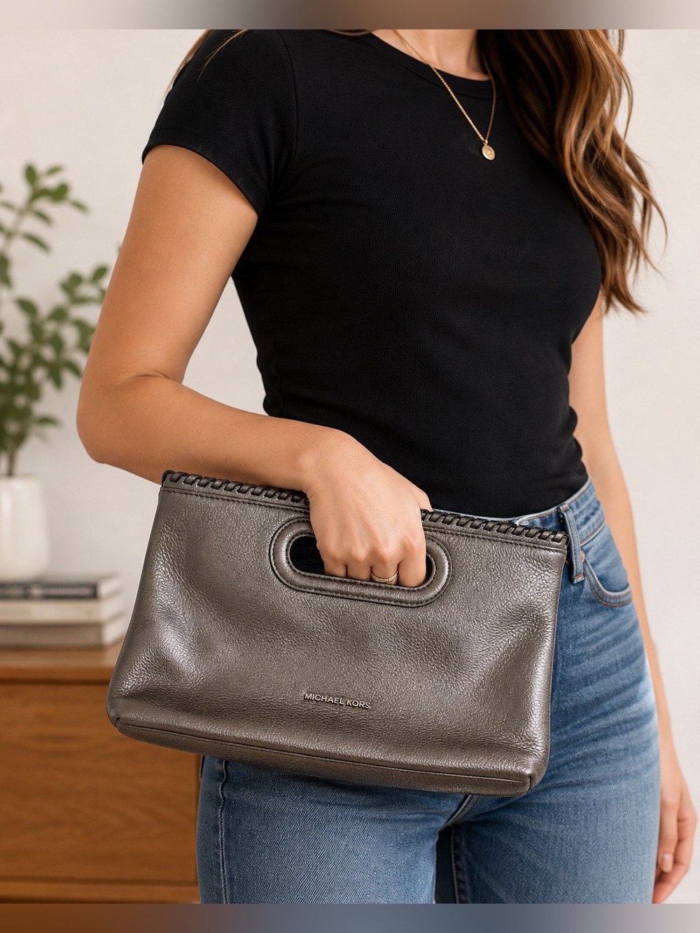Michael Kors Gunmetal Metallic Leather Convertible Clutch Crossbody Bag